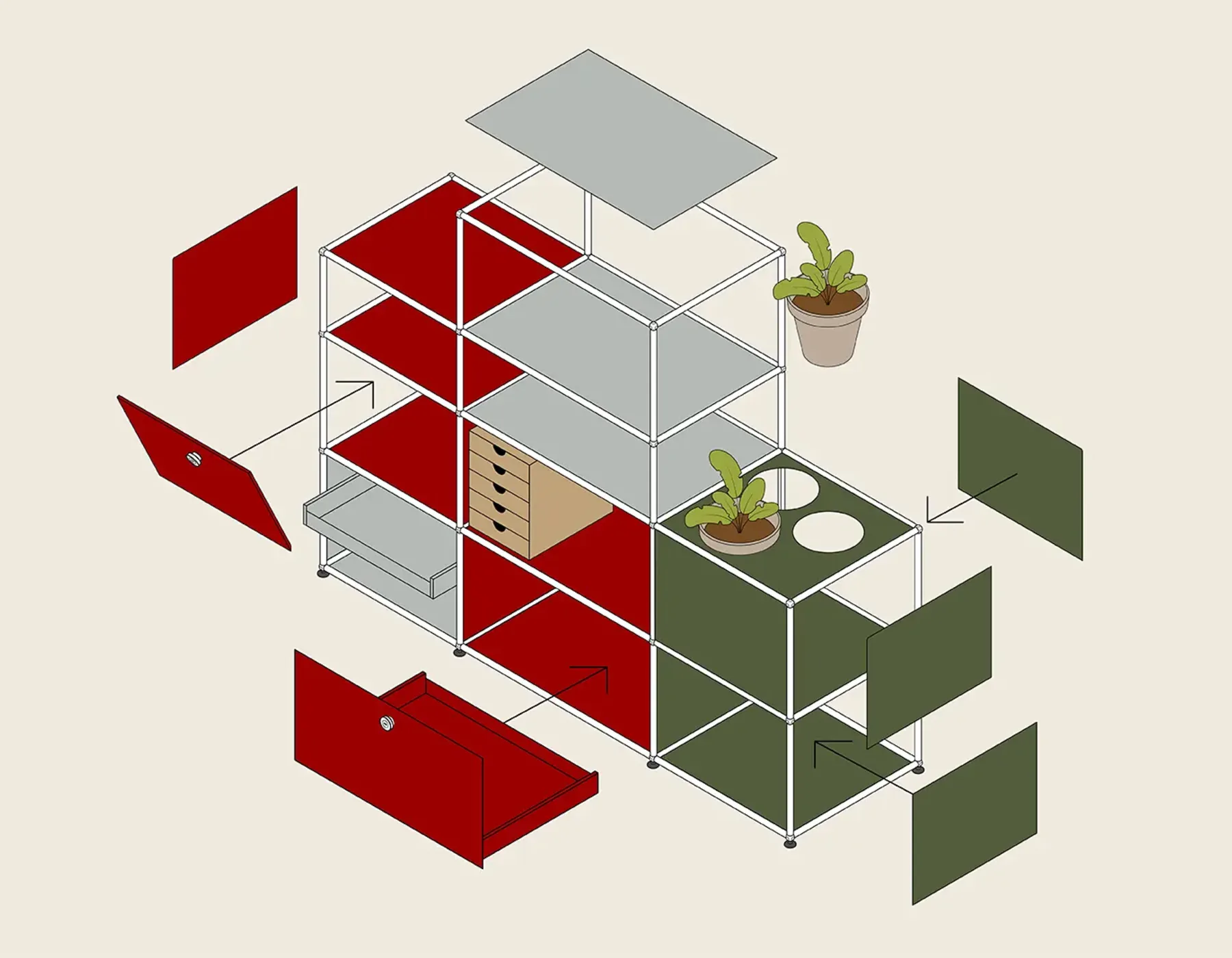 Exploded view of a configurable USM Haller system